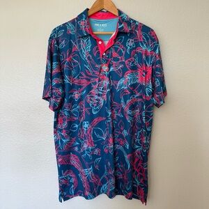 Pins & Aces Men's Golf Pink and Blue Tropical Print Polo Shirt Size Extra Large